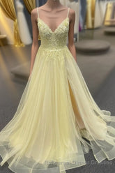 Light Yellow Deep V Appliques Long Semi Formal Prom Dress with Slit